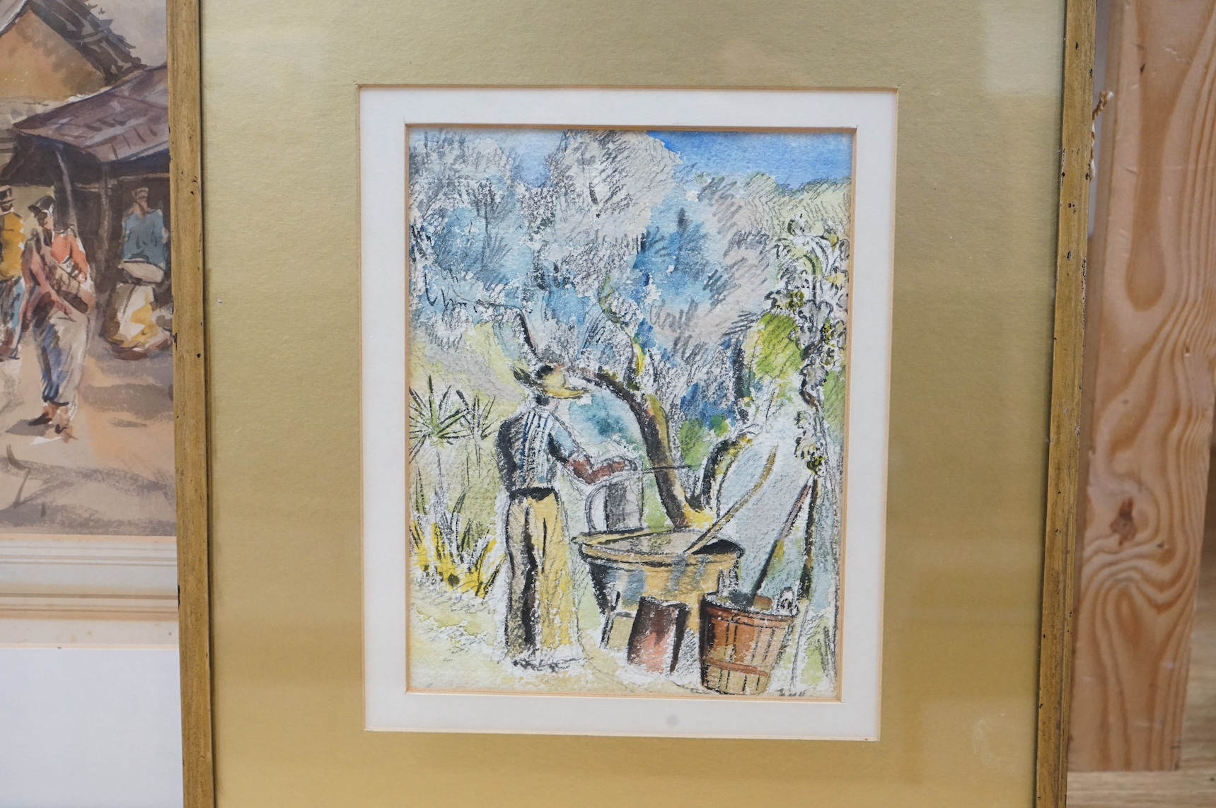 Two mixed medias, Eastern street scene and Figural study, largest 26 x 23cm. Condition - fair